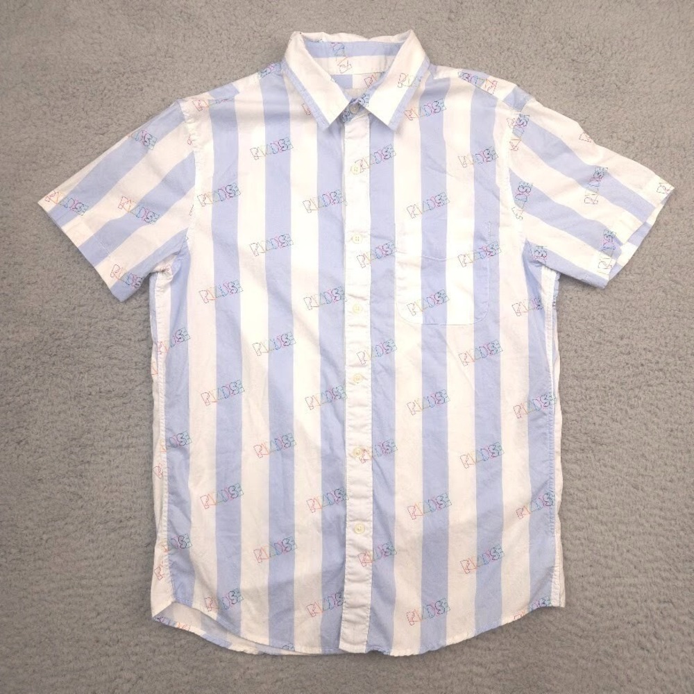 American Eagle Paradise Shirt Mens S Blue White Stripe Logo Print Button Front